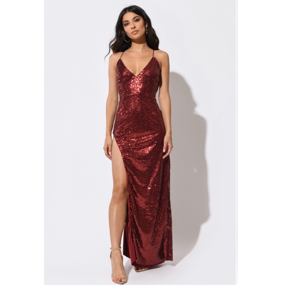 Maroon criss cross back dress w/high thigh slit